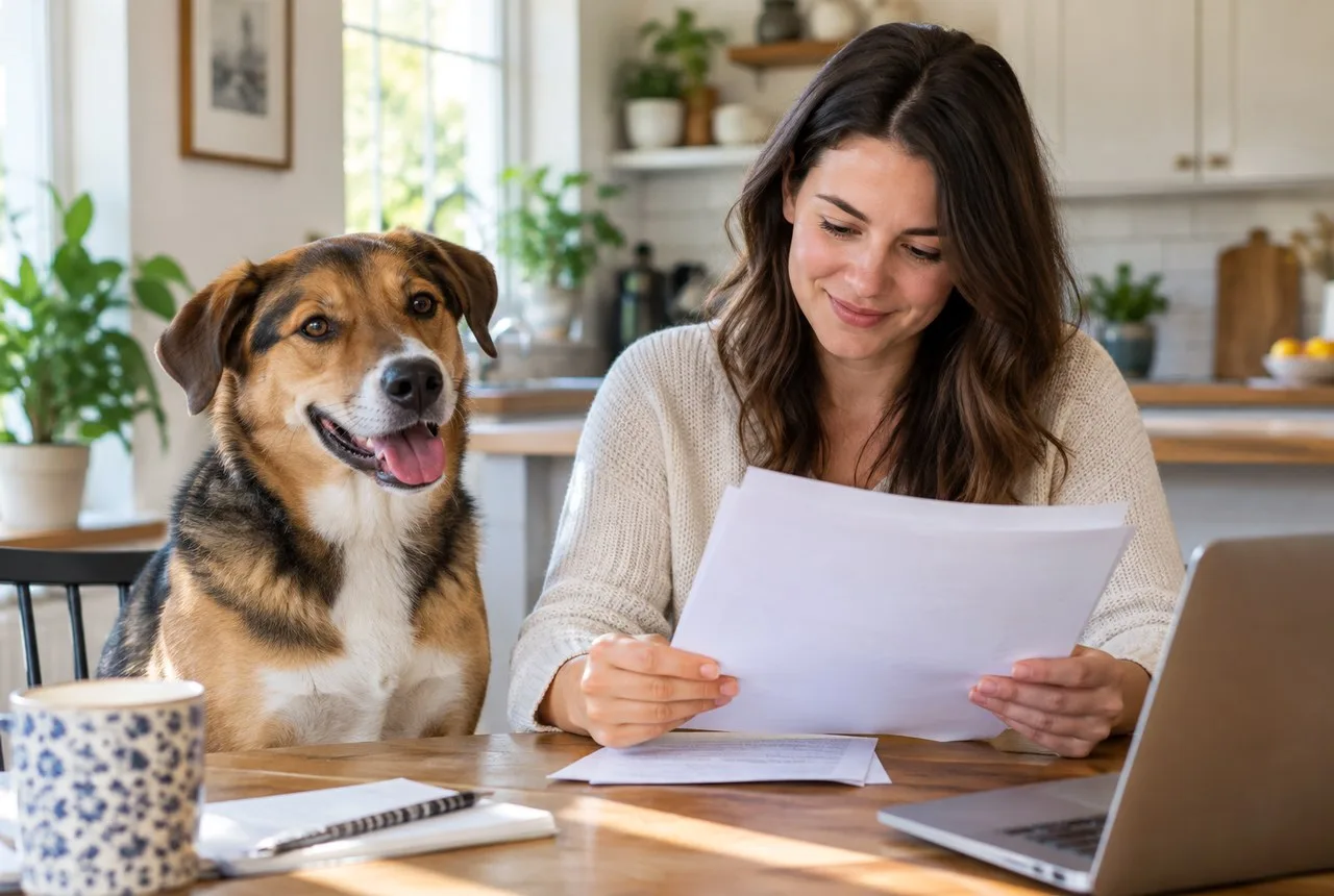 Owner examining paperwork at a desk beside a brown-and-white dog
